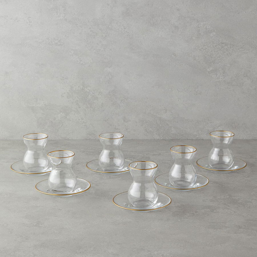 Kişiye Özel Cam 12 Parça 6 Kişilik Çay Seti 140 ml Gold - Hediyesec