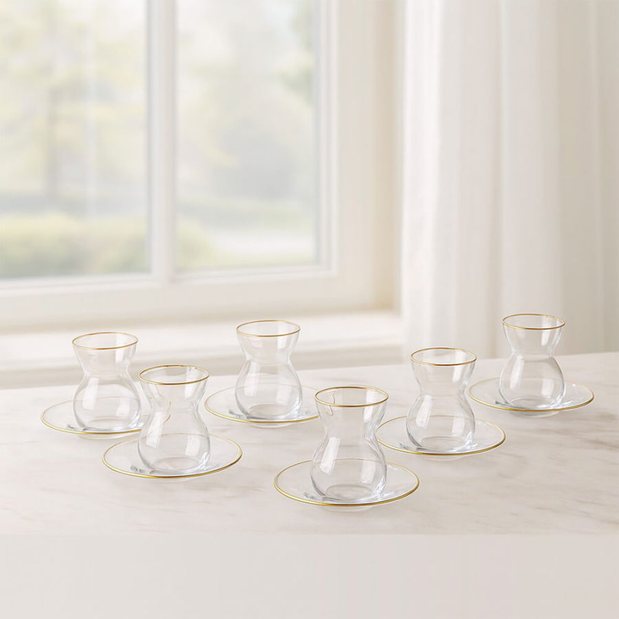 Kişiye Özel Cam 12 Parça 6 Kişilik Çay Seti 140 ml Gold - Hediyesec
