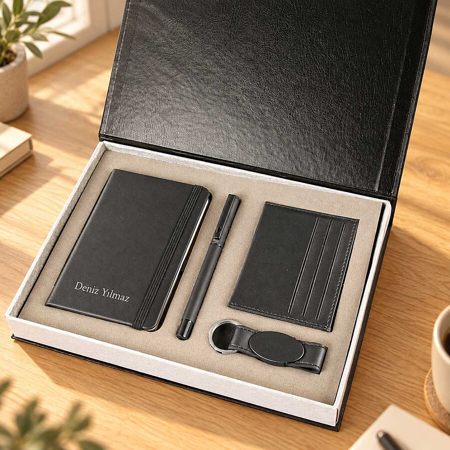 Kişiye Özel Defter, Roller Kalem, Kartlık ve Anahtarlık Seti – Kutulu Prestij Koleksiyonu - 