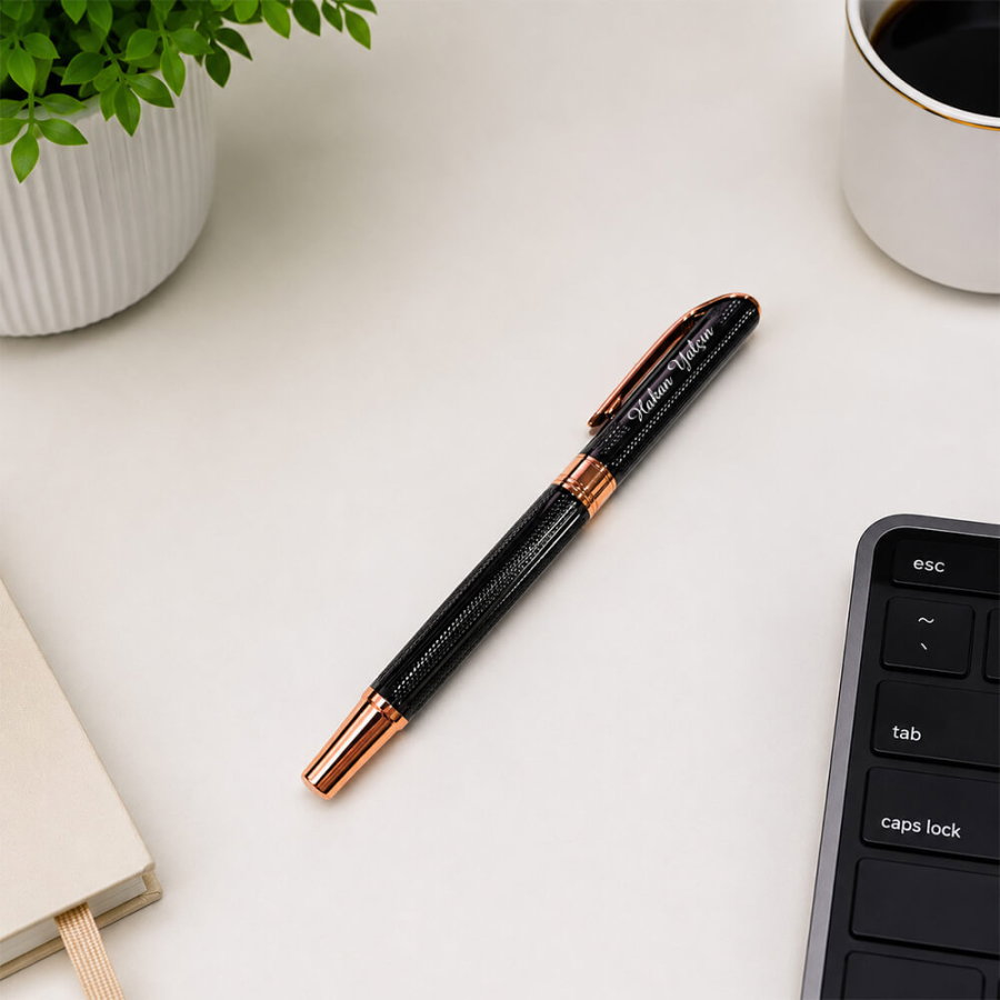 Kişiye Özel Hasır Desenli Premium Roller Kalem Siyah Rose Gold - 3