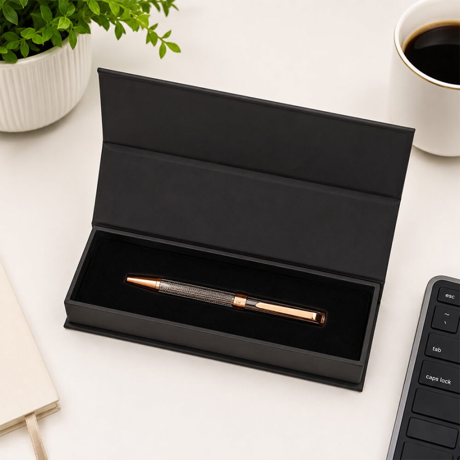 Kişiye Özel Hasır Desenli Premium Roller Kalem Siyah Rose Gold - Hediyesec (1)