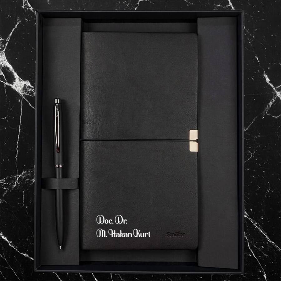 Kişiye Özel Scrikss Toledo Premium Defter ve Prestige Mat Siyah Kalem Seti - Scrikss